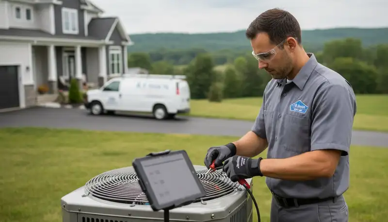 HVAC technician performing residential AC repair service in Taylor, PA