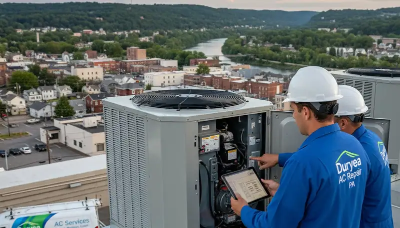 Professional AC repair technician servicing air conditioner unit in Taylor, PA