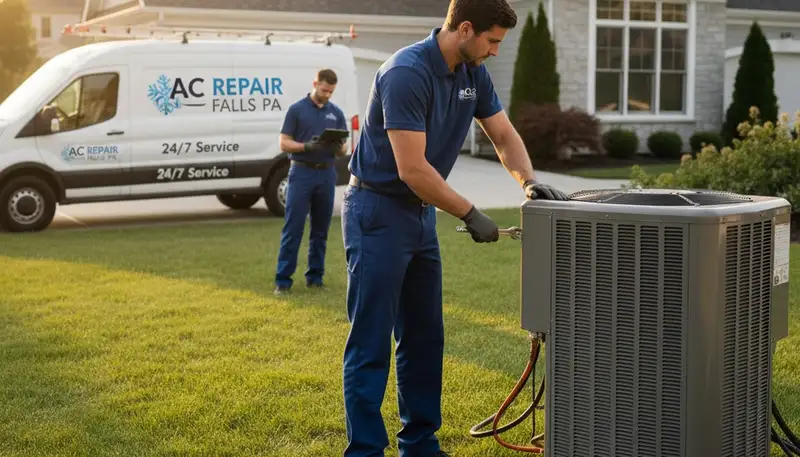 AC repair technician servicing residential unit in Taylor, PA