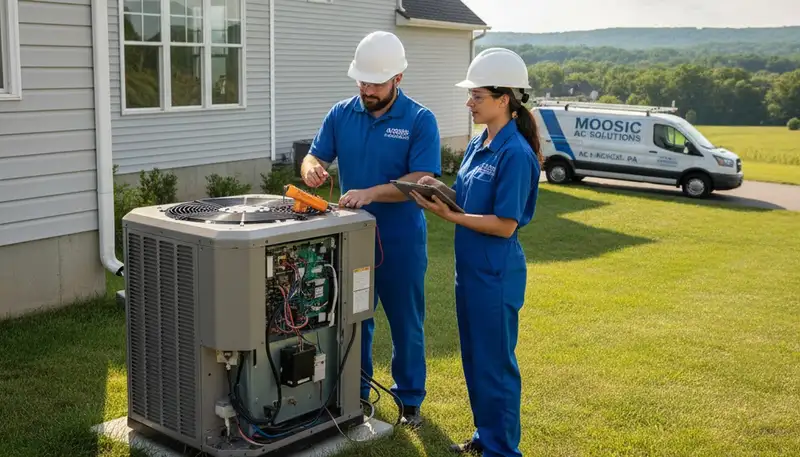 Professional AC repair service technician in Taylor, PA fixing residential air conditioning unit
