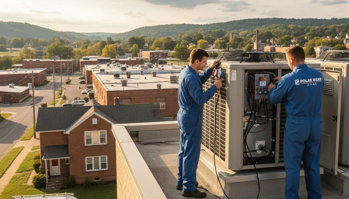 Professional air conditioning repair technician servicing home unit in Taylor, PA