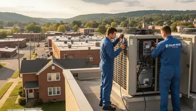 Professional air conditioning repair technician servicing home unit in Taylor, PA