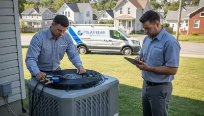 HVAC technician performing AC repair service at home in Taylor, PA