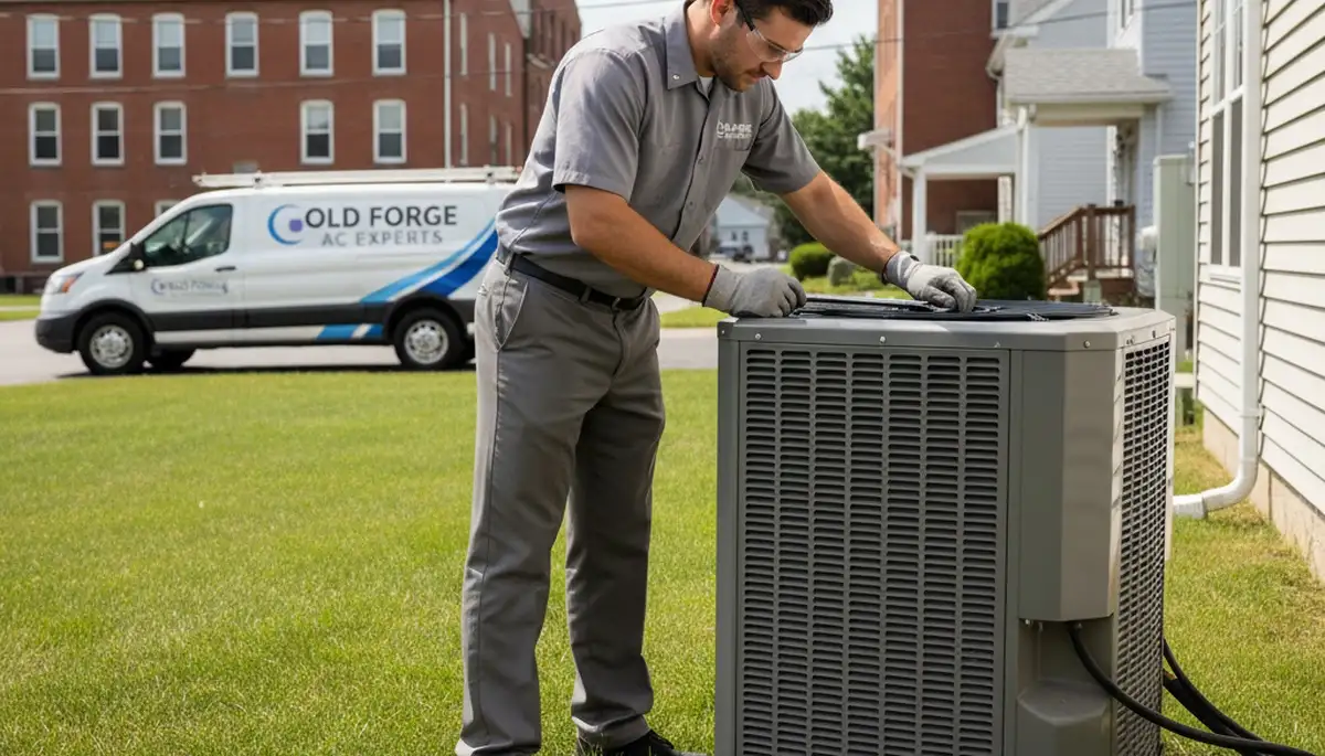 Professional AC repair technician servicing air conditioner unit in Taylor, PA