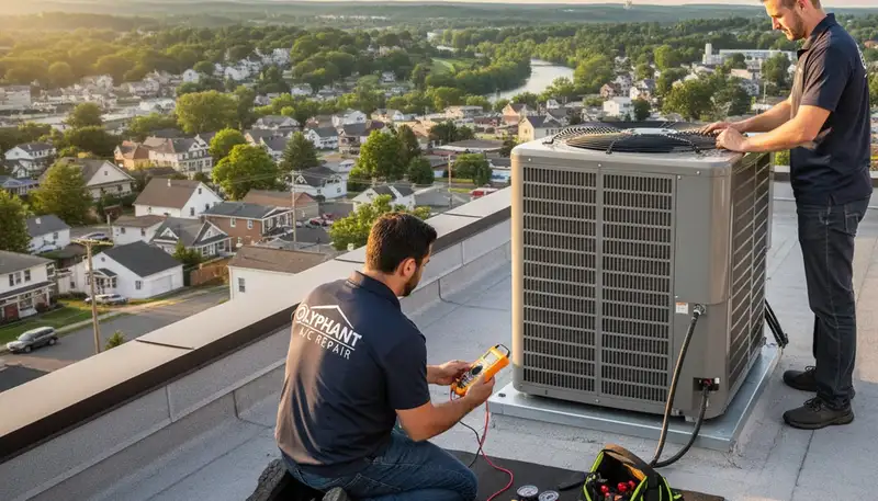 Professional AC repair technician servicing air conditioner in Taylor, PA home