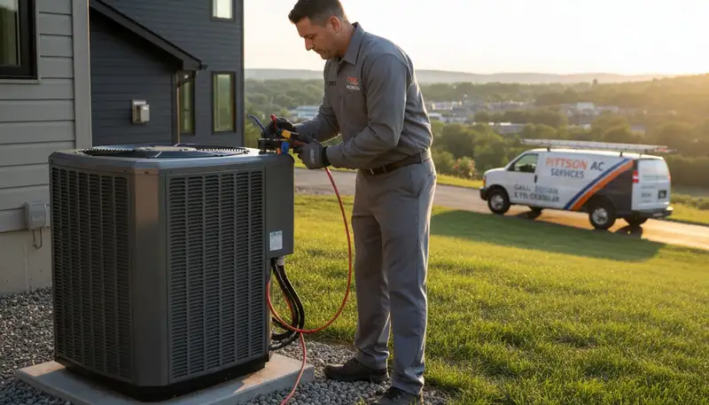 HVAC technician performing AC repair service at home in Taylor, PA
