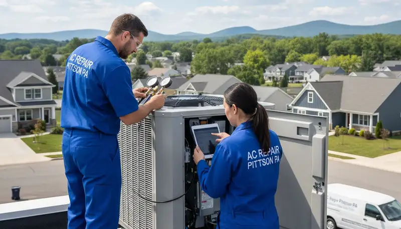 AC repair technician servicing home air conditioner unit in Taylor, PA