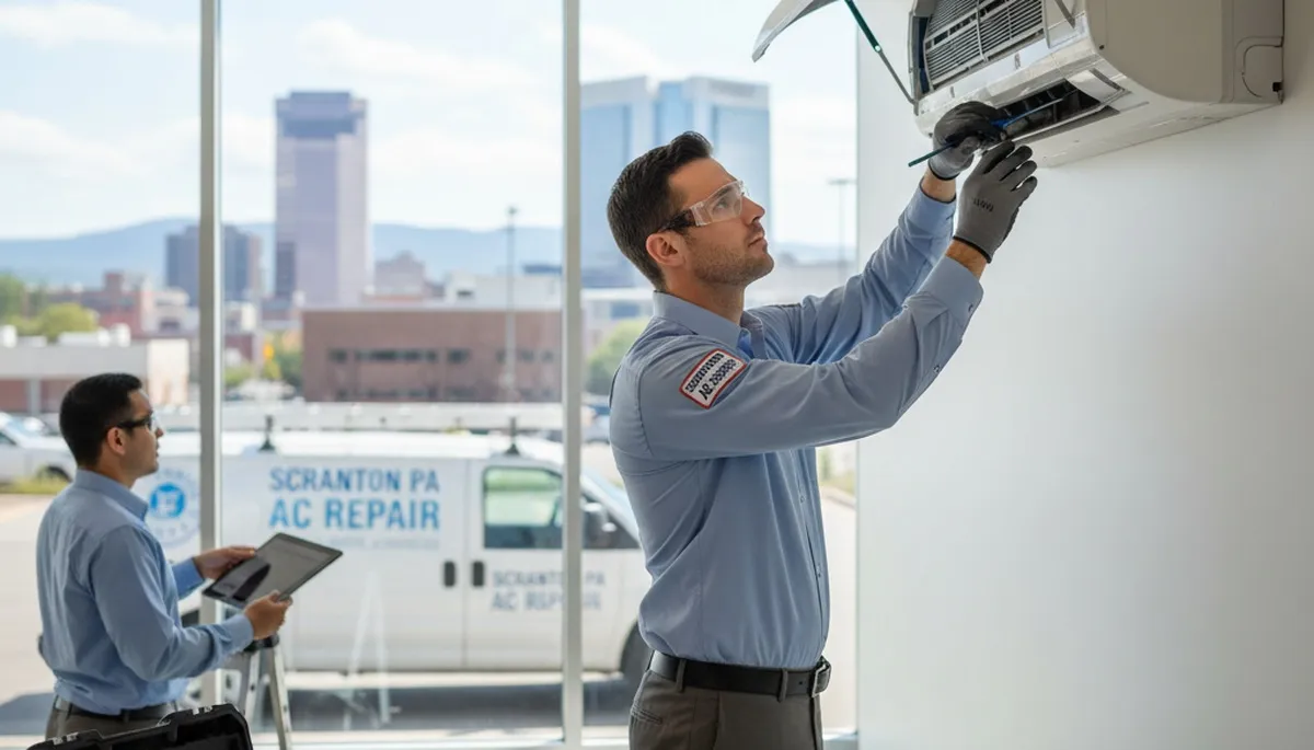 Professional AC repair technician servicing air conditioner in Taylor, PA