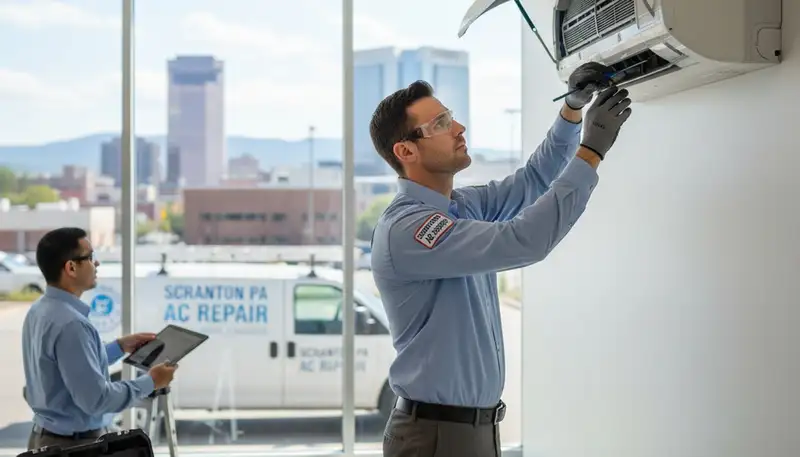 Professional AC repair technician servicing air conditioner in Taylor, PA