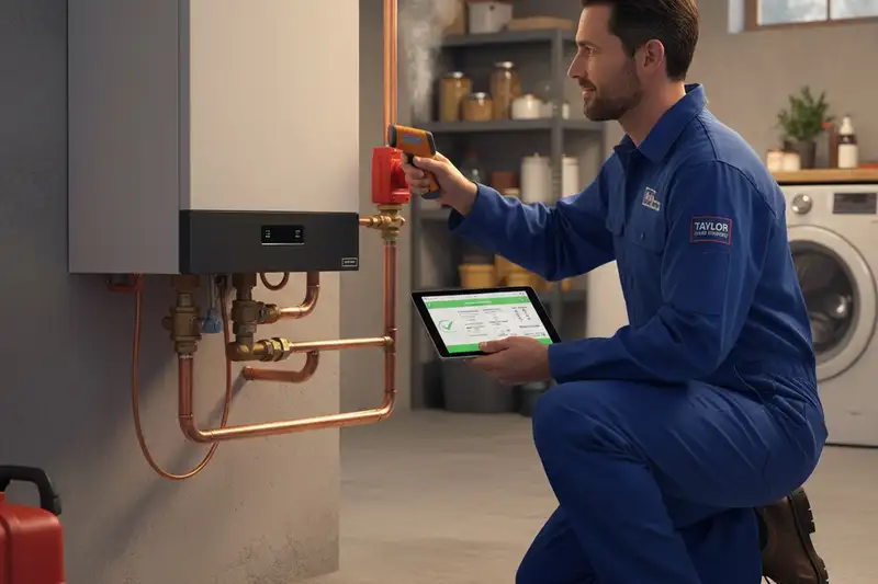Technician completing boiler repair and testing heating system in Taylor, PA home