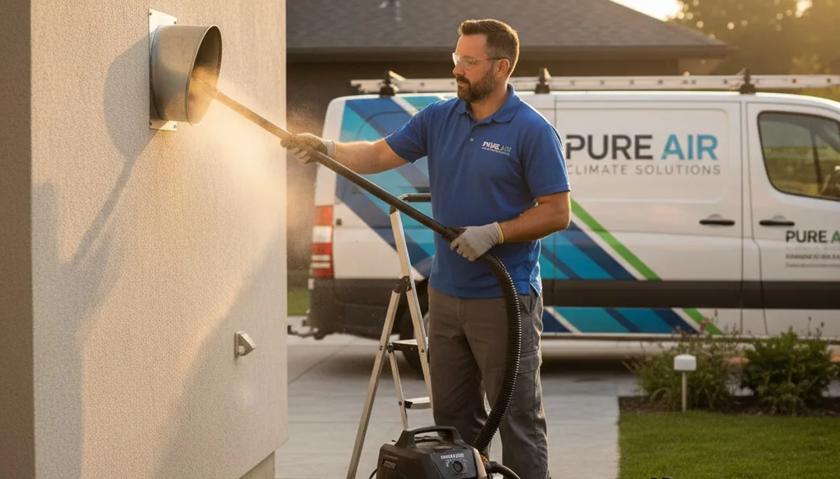 Technician performing professional dryer vent cleaning service in Taylor, PA for Five Star Cooling