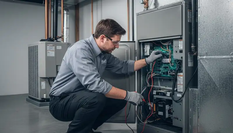 Technician performing furnace repair in Taylor, PA for Five Star Cooling homeowners