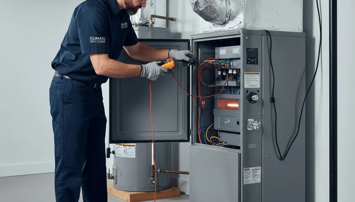 Technician performing heating repair on furnace system in Taylor, PA home for Five Star Cooling
