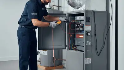 Technician performing heating repair on furnace system in Taylor, PA home for Five Star Cooling
