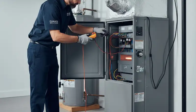 Technician performing heating repair on furnace system in Taylor, PA home for Five Star Cooling